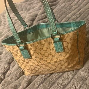 Gucci Tan and Teal Tote Bag
